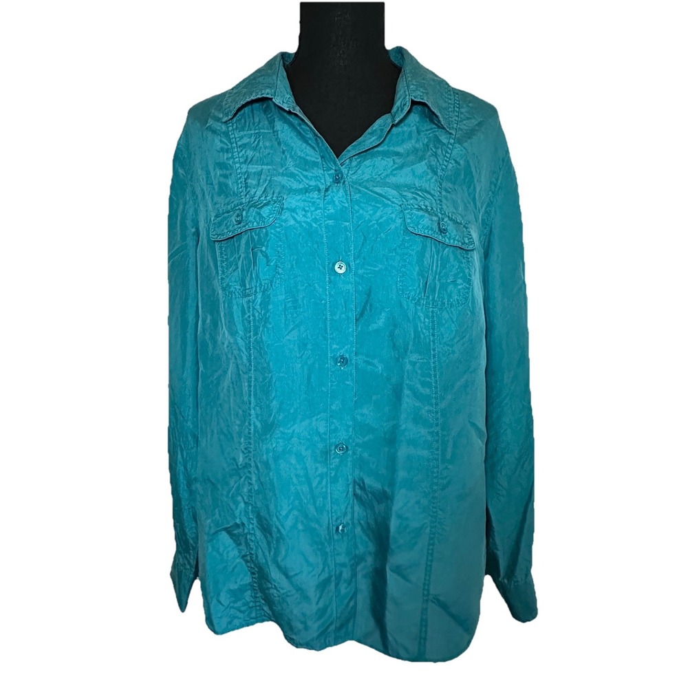 Tommy Bahama Women's 100% Silk Hydro Blue Long Sleeve Button Up Blouse LARGE